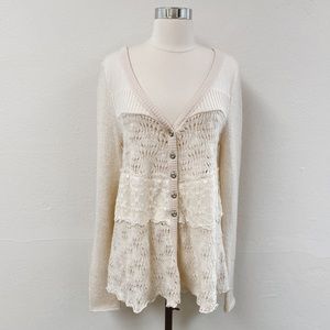 Free People Crochet Lace Cream Cardigan Sweater L